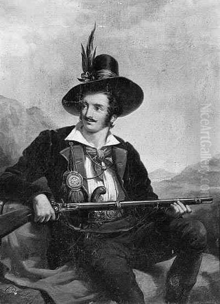 A Seated Sportsman Holding A Riffle In A Mountainouslandscape - view 1
