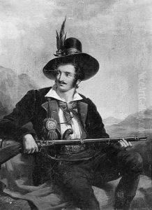 A Seated Sportsman Holding A Riffle In A Mountainouslandscape