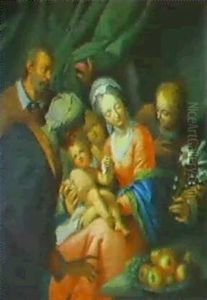 Die Hl. Familie Mit Mutter Anna Und Einem Engel Sowie Einem Stilleben Von Apfeln Und Weintrauben Die Hl. Familie Mit Mutter Anna Und Einem Engel Sowie Einem Stilleben Von Apfeln Und Weintrauben