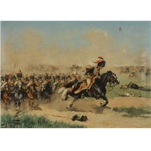 Une Charge, Chasseurs A Cheval De La Garde Et Hussards 9mm Regiment 1809 by Justus Pieter de Veer