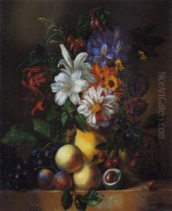 Stilleben Mit Spatsommerlichem Blumenbouquet Und Fruchten