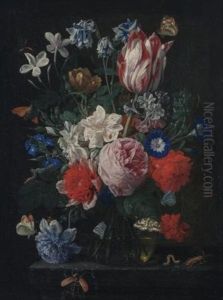 Still Life Of Roses, Peony, Semper Augustus Tulip, Morning Glories And Other Flowers On A Ledge