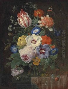 Peonies, Carnations, Morning Glory, A Semper Augustus Tulip And Other Flowers In A Glass Vase, With A Snail, A Butterfly, A Dragonfly And Other Insects On A Partially-draped Ledge