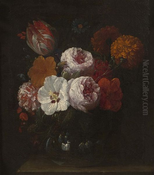 A Flower Still Life With Roses, A Carnation, A Parrot Tulip And Other Flowers, All In A Glass Vase - view 1