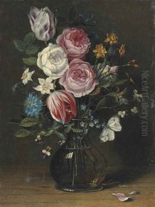 Roses, Tulips, Poet"s Daffodils And Other Flowers In A Glass Vase, With A Butterfly by Nicolaes van Veerendael