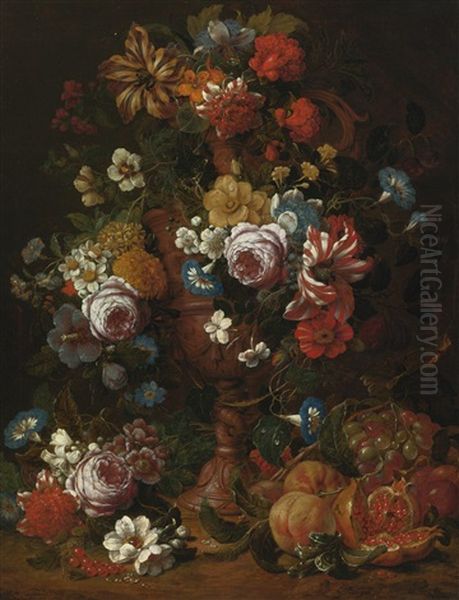 Still Life Of Roses, Carnations And Other Flowers In A Sculpted Urn With Fruit And Other Flowers Below - view 1