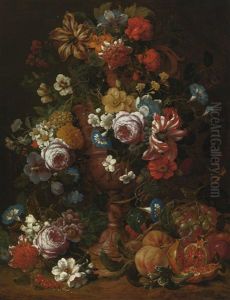 Still Life Of Roses, Carnations And Other Flowers In A Sculpted Urn With Fruit And Other Flowers Below Still Life Of Roses, Carnations And Other Flowers In A Sculpted Urn With Fruit And Other Flowers Below