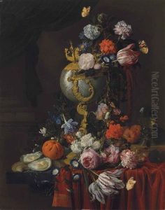 Roses, Carnations, A Parrot Tulip, Morning Glory And Two Red Admirals In A Nautilus Cup, With Roses, Morning Glory And Other Flowers, An Orange... by Nicolaes van Veerendael