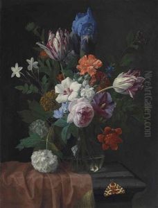 Hibiscus, Parrot Tulips, Carnations, A Rose, An Iris, Snowballs And Other Flowers In A Vase On A Partially Draped Stone Ledge, With A Garden Tiger Moth