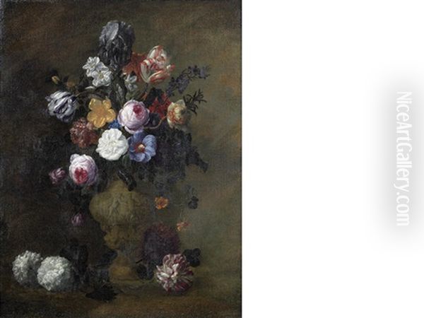 Tulips, Roses, Carnations And Other Flowers In A Sculpted Vase With Geraniums And A Rose On A Ledge - view 1