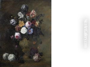 Tulips, Roses, Carnations And Other Flowers In A Sculpted Vase With Geraniums And A Rose On A Ledge