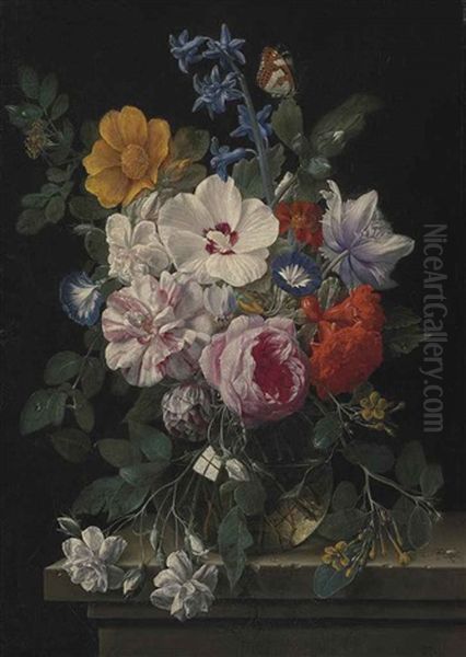 Flowers In A Glass Vase With A Butterfly And Beetle On A Stone Ledge - view 1