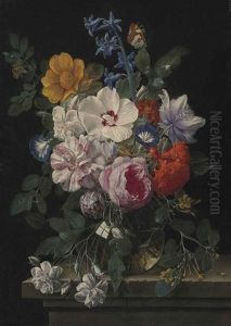 Flowers In A Glass Vase With A Butterfly And Beetle On A Stone Ledge