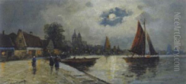 Niderlandischer Hafen Im Mondschein - view 1