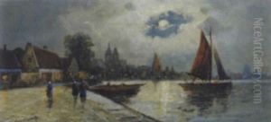 Niderlandischer Hafen Im Mondschein