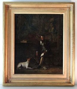 Gentleman In A Furnished Interior With Tapestry And Armour By The Walls And Dog At His Feet