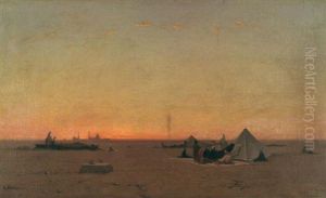 Beduinenlager Beim Sonnenuntergang, Am Horizont Eine Stadtsilhouette