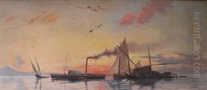 Bateau A Vapeur Dans Le Golfe Au Coucher Du Soleil