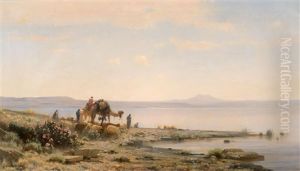 Chameaux Et Troupeau De Moutons Au Bord De L'eau by Auguste Louis Veillon