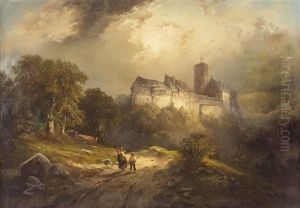Mutter Mit Kindern Auf Einem Weg Vor Der Wartburg Bei Eisenach by Hugo Veit