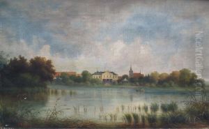 Seenlandschaft In Pommern Mit Klassizistischem Gebaude Und Kirchturm Am Ufer Und Personenstaffage Sowie Ruderboot
