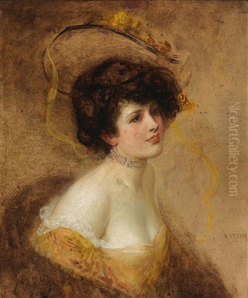 Three-quarter Length Portrait Of A Lady With Hat In A Yellow Dress - view 1