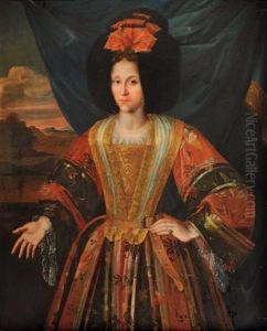 Portrait De Femme En Robe Brodee Et Bonnet De Fourrure Borde De Dentelles
