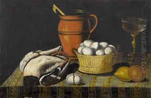 Kuchenstillleben Mit Ente, Eiern, Glas Und Topf by Johann Martin Veith