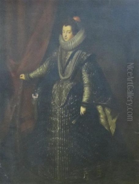 Portrait Of A Lady, Said To Be Isabella Of Bourbon Standing Full Length In An Interior, Wearing A Striped Court Dress, And White Ruff - view 1