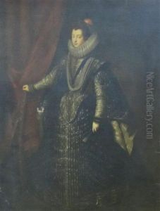 Portrait Of A Lady, Said To Be Isabella Of Bourbon Standing Full Length In An Interior, Wearing A Striped Court Dress, And White Ruff by Diego Rodriguez de Silva y Velazquez