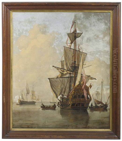 A Flag Ship Preparing To Leave The Anchorage; With A Man-o'- War Firing A Salute Beyond - view 1
