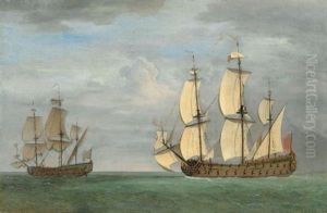 An English Ship Under A Press Of Sails Coming Up With A French Ship In A Moderate Breeze by Jan van de, II Velde