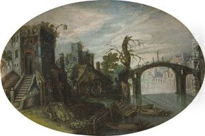 Flusslandschaft Mit Ruinen Und Einer Brucke by Jan van de, II Velde