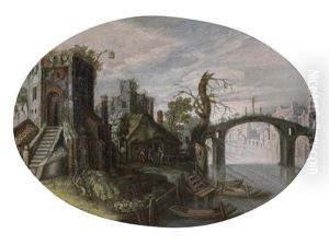 Flusslandschaft Mit Romischen Ruinen Und Einer Brucke
