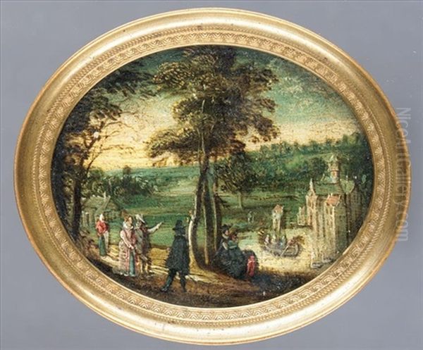 A Landscape With Elegant Figures Promenading Before A Lake With A Castle Beyond - view 1