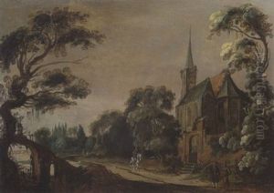 Landschaft Mit Gotischer Kirche Und Figurenstaffage by Jan van de, II Velde