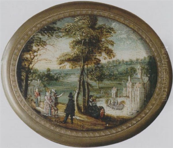 A Landscape With Elegant Figures Promenading Before A Lake, A Castle Beyond - view 1