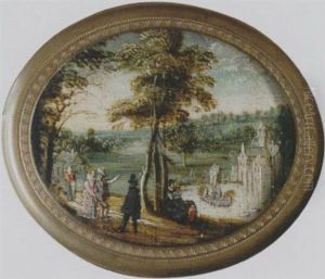 A Landscape With Elegant Figures Promenading Before A Lake, A Castle Beyond by Jan van de, II Velde