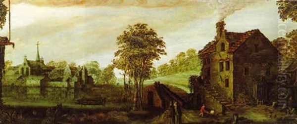 Bewaldete Landschaft Mit Einer Muehle, Bauernhaus Und Einem Kloster An Einem Wasserlauf - view 1