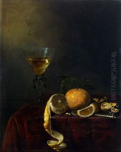 Still Life With Glass A La Facon De Venise, A Cut Lemon, An Orange, Walnuts And A Knife On A Table