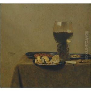 A Still Life Of A Peeled Lemon, Nuts And Olives On Pewter Plates, And A Roemer Filled With White Wine, All On A Table Covered With A Cloth