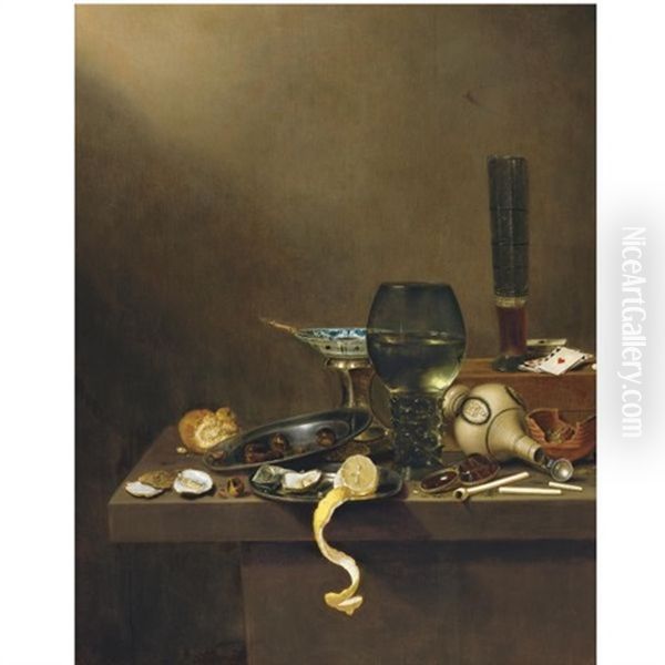 Still Life With A Beer Glass And Playing Cards On A Wooden Box, With A Large Roemer, A Brazier, A Pipe, A Stoneware Tankard On Its Side, A Bread Roll, Oysters And Other Objects Arranged On The Ledge B - view 1