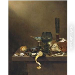 Still Life With A Beer Glass And Playing Cards On A Wooden Box, With A Large Roemer, A Brazier, A Pipe, A Stoneware Tankard On Its Side, A Bread Roll, Oysters And Other Objects Arranged On The Ledge B by Jan van de Velde III