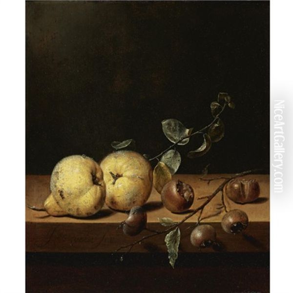 Quinces And Medlars On A Table Ledge - view 1
