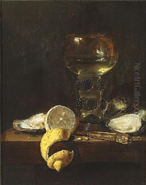 A Still Life With A Large Roemer, A Lemon, Oysters And A Knife All Resting On A Table - view 1