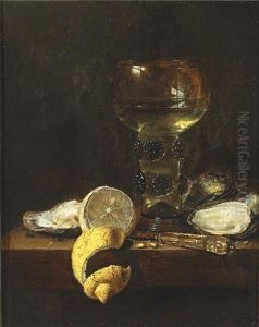 A Still Life With A Large Roemer, A Lemon, Oysters And A Knife All Resting On A Table by Jan van de Velde III