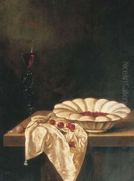 Wild Strawberries In A Glazed Earthenware Bowl With A Facon De Venise Of Red Wine, A Pink Rose And Cherries On A Partially Draped Wooden Ledge - view 1
