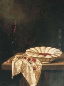 Wild Strawberries In A Glazed Earthenware Bowl With A Facon De Venise Of Red Wine, A Pink Rose And Cherries On A Partially Draped Wooden Ledge Wild Strawberries In A Glazed Earthenware Bowl With A Facon De Venise Of Red Wine, A Pink Rose And Cherries On A Partially Draped Wooden Ledge