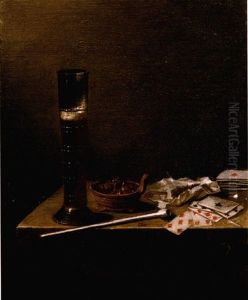 A Still Life With A Glass Of Beer, A Pipe, Tobacco, Playing Cards And A Brazier With Glowing Coals On A Wooden Table by Jan van de Velde III