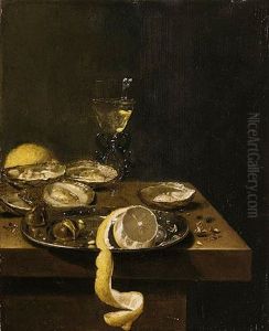 A Still Life Of A Peeled Lemon With Chestnuts Upon A Pewter Dish, Together With Oysters, A Wine Glass And A Lemon, All Upon A Table Top by Jan van de Velde III